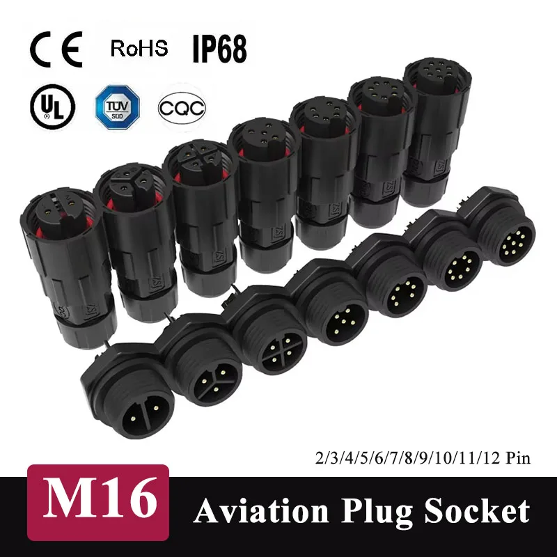 Waterproof M16 Aviation Panel Plug Socket IP68 2/3/4/5/6/7/8/9/10/11/12 Pin Cable Connector Male Female Solid Needle Joint