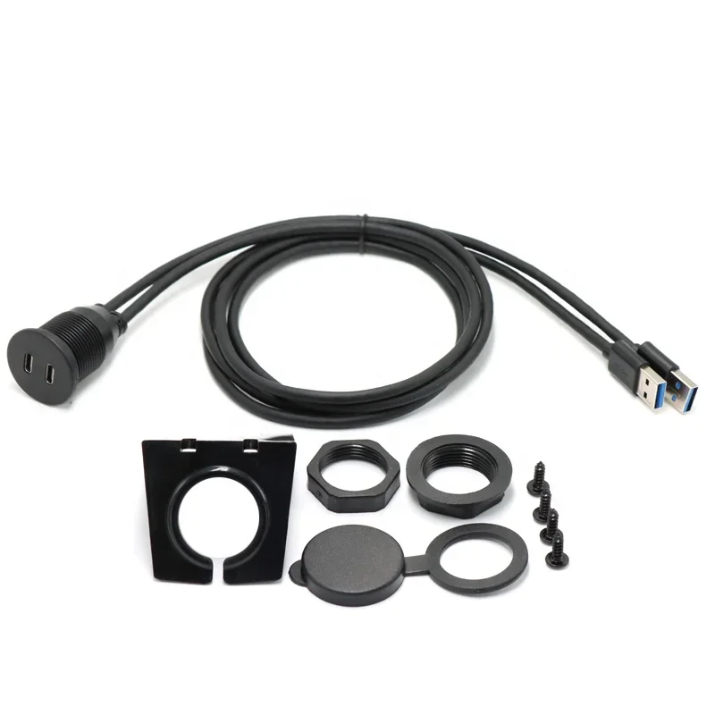 1m 2m Flush mount Dual USB A 2.0 to USB C Female Car Dash Panel mount USB Ports Extension cable for Car Stereo Radio Accessories