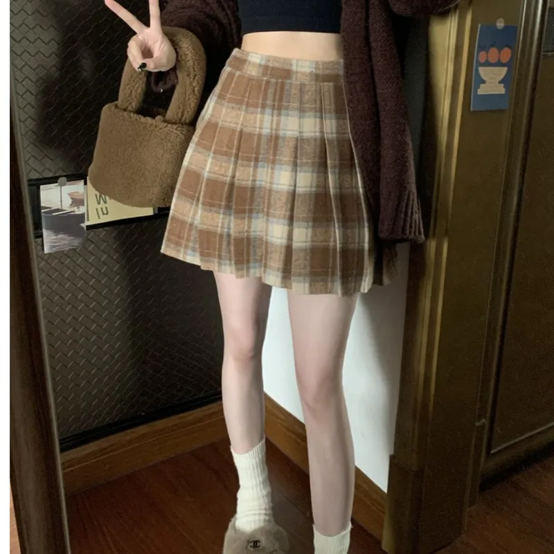 High Waist Autumn Winter Woolen A-Line  Skirt Pleated Commute Style Ladies' Short Skirt Polyester Fiber Chinese Production