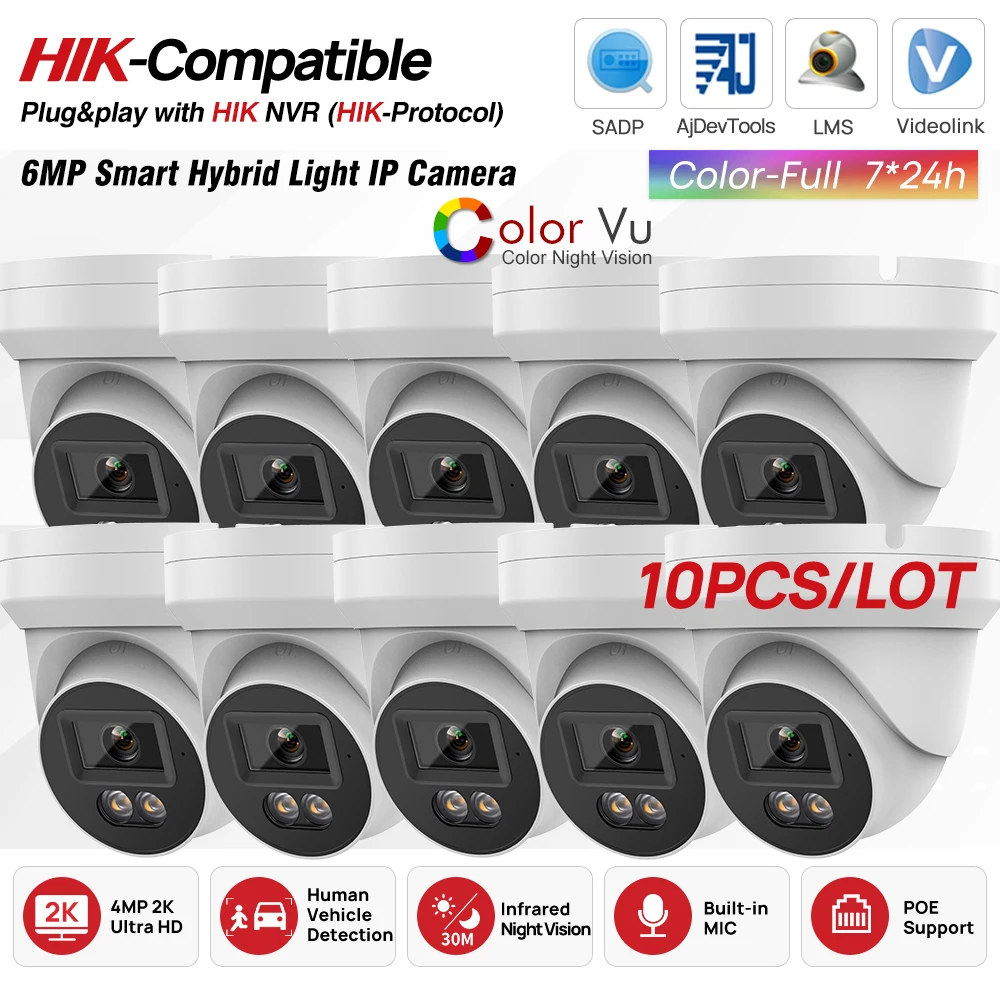 

10PCS 4K 6MP ColorVu IP Camera Built in audio SD Card slot Surveillance Network Camera Plug&Play HIK NVR Hikvision Compatible