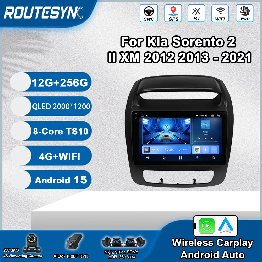 Android 15 Carplay Auto For Kia Sorento 2 II XM 2012 2013 - 2021 Car Radio Navigation 2 Din Stereo Player Video GPS Head Unit BT