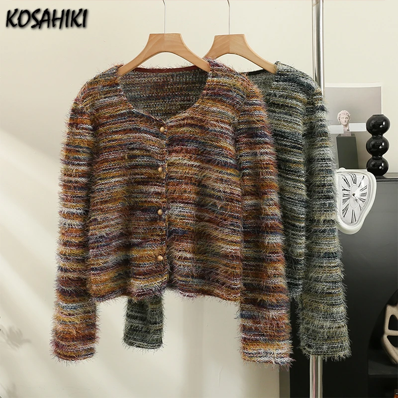 Contrast Color Stripe Loose Cardigan Autumn Fashion Y2k Aesthetic Women\'s Sweaters Harajuku Knitted Grunge Sweet Button Coats