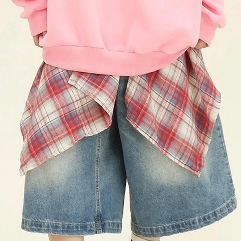 F42F Stylish Plaids Faux Shirt 밑단 하프 바디 랩 스커트 스트리트 힙합 레이어링 A 라인 오버 스커트 타이 업 비대칭 스카프