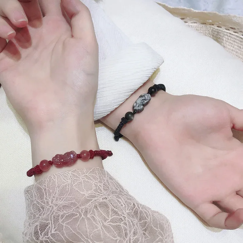 

Couple PI xiu crystal bracelet lovers a male and female niche design braided red rope strawberry crystal his and hers