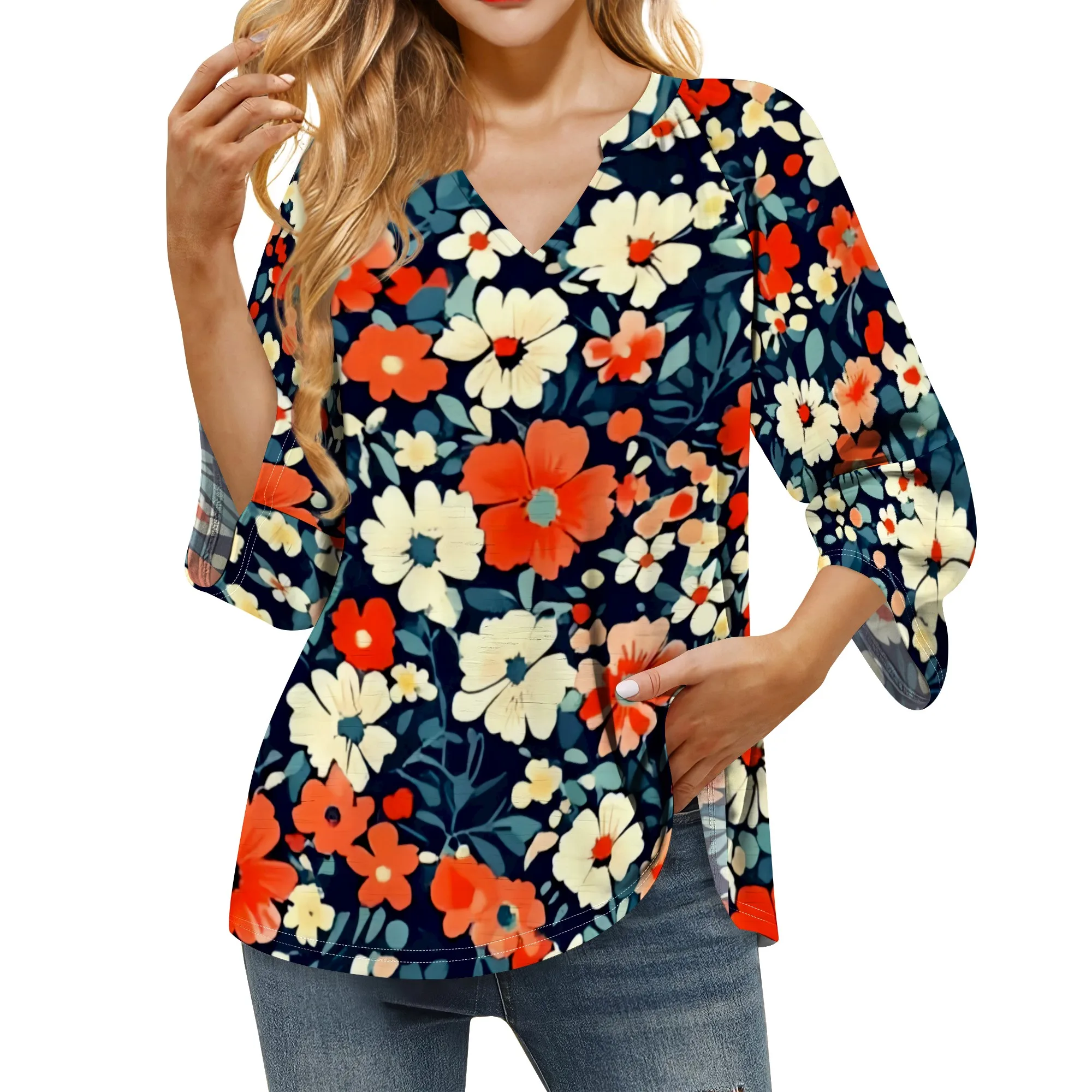 

3/4 Length Sleeve Womens Ditsy Floral Graphics Tops Summer V-Neck Blouses Tunic T-Shirts Dressy Casual