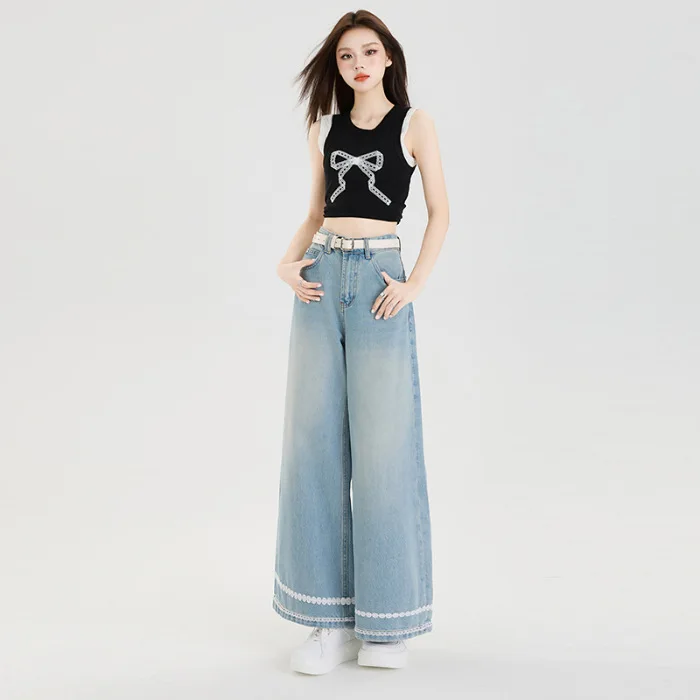 Hoge taille rechte jeans dames enkellange jeans kant gesplitste zakken rits losse pasvorm 2025, casual wijde pijpen broek