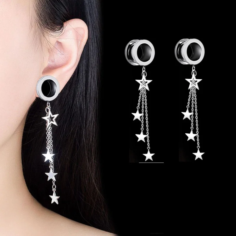 2Pieces Stainless Steel Ear Tunnel Stars Dangle Chain Ear Plugs Ear Gauges Body Piercing Ear Expander Ear Reamer Ear Expansion