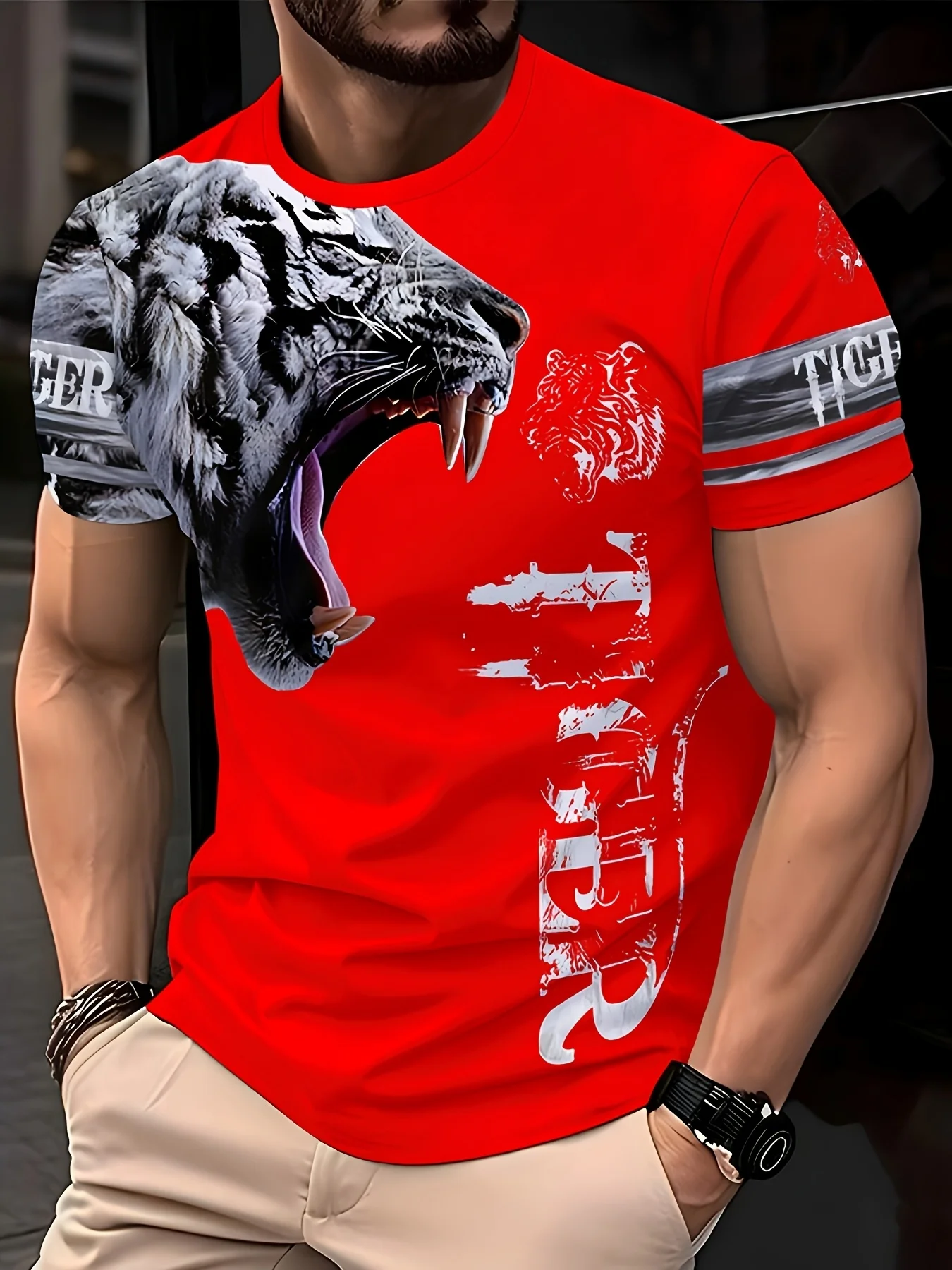 Men's Roaring Tiger Back Print T-Shirt Casual O-Neck Short Sleeve Wild Animal Street Graphic Tee Tops