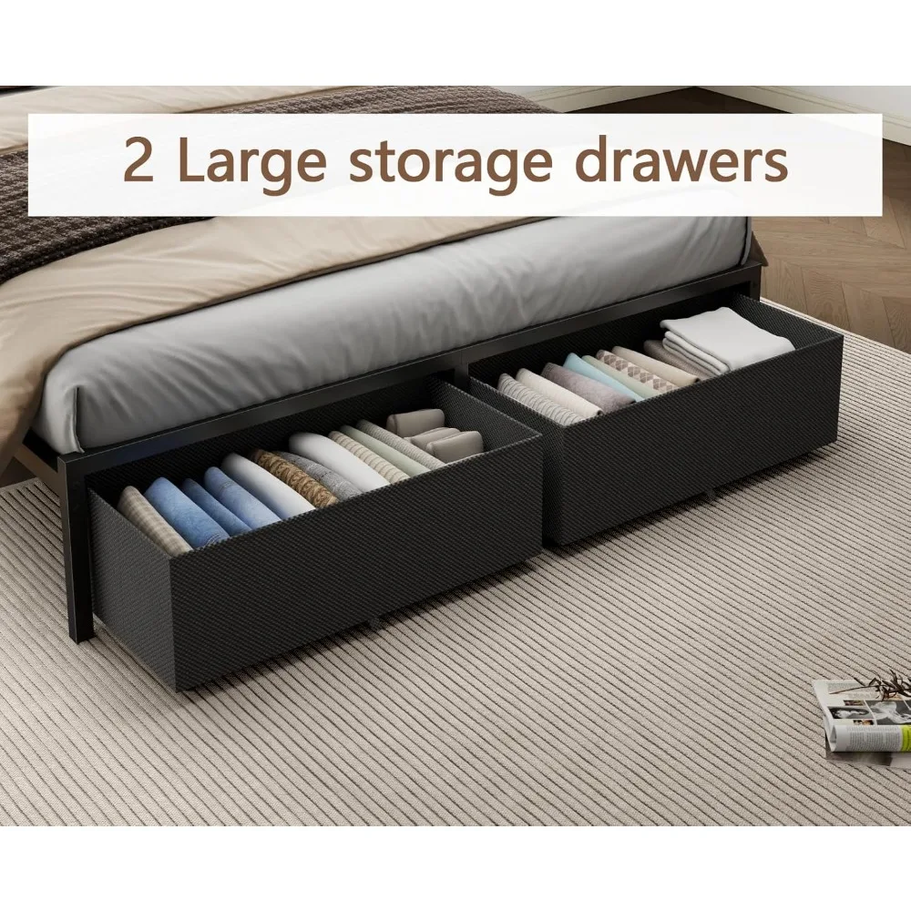 إطار مع مساحة تخزين، إطار سرير منجد بحجم كوين مع ضوء LED، محطة شحن USB، إطار سرير بمنصة مع قماشين #6