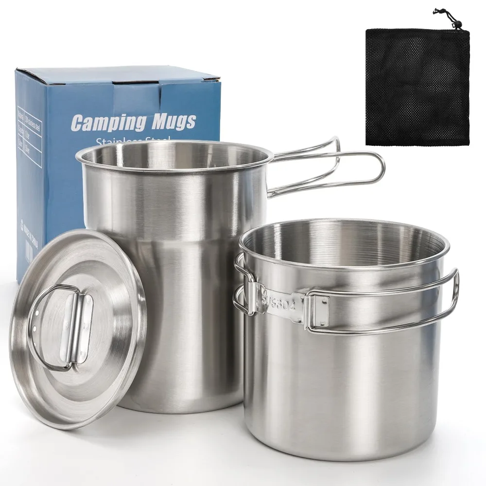 

2PCS Stainless Steel Camping Cups, Stackable Camping Mugs with Storage Bag, Foldable Handles and Vented Lid, Metal Cookware