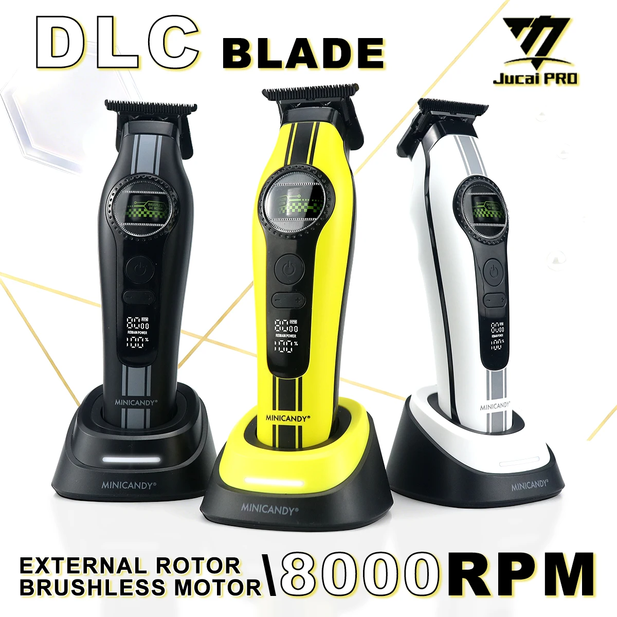 JUCAI MINICANDY F2 recortador profesional para hombres DLC Zero Gapped Rotor externo Motor sin escobillas pantalla LED máquina de acabado