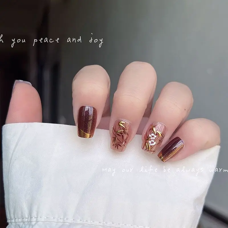 10 قطعة نمط الأوراق والزهور الأظافر وهمية عين القط انفصال Chinoiserie مسمار نصائح قابلة لإعادة الاستخدام البني قصيرة مربع الأظافر كاذبة