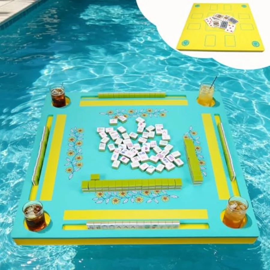 Pool-use EVA floating mahjong table double-sided with tile grooves and cup holders multi-game for mahjong poker dominoes blue