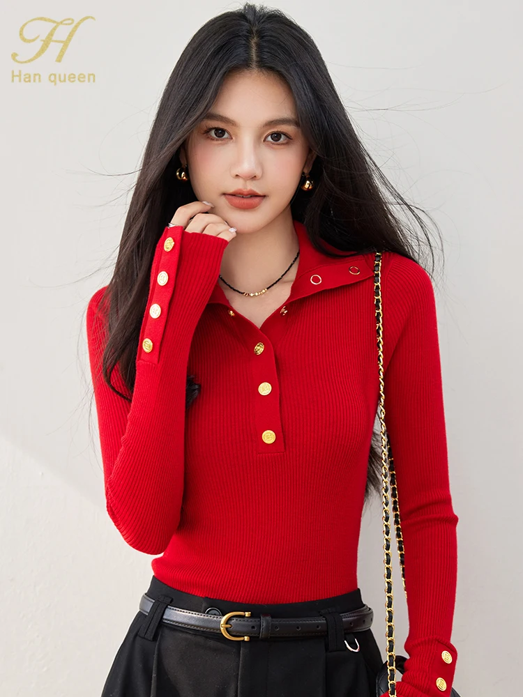 H Han Queen Autumn Winner Fashion Buttons Vintage Pullover Sweater Womens Vintage Casual Long Sleeve Top Basic Knitted Pullovers