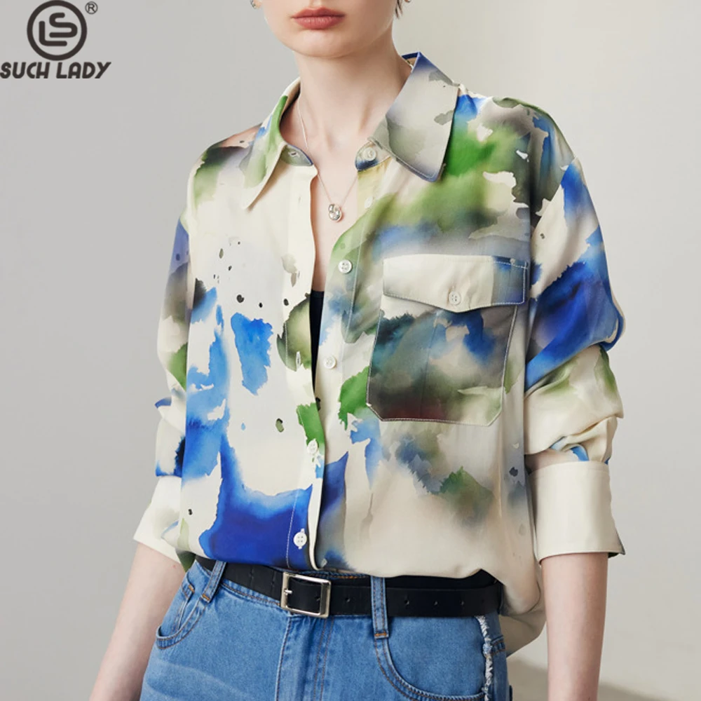 

100% Silk Women's Shirt Turn Down Collar Long Sleeves Printed Fashion Blouse Tops