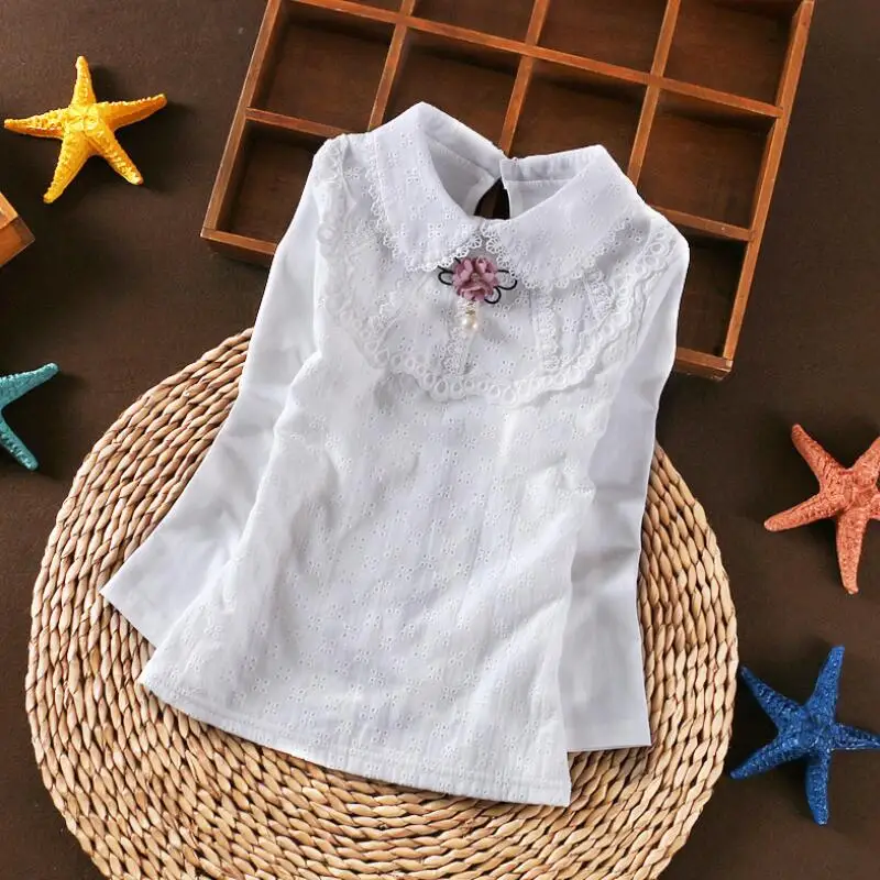 Autumn Girls Blouse White Shirts Baby Teen School Girl Lace Tops Long Sleeve Kids Shirt Children Cotton Clothes 6 8 10 12 Years
