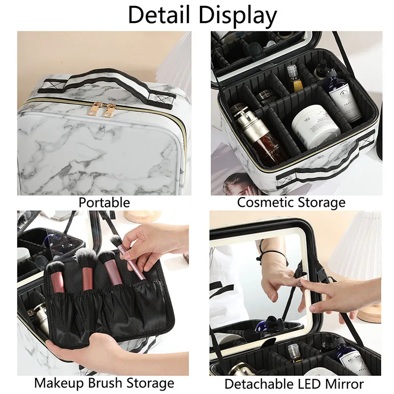 New LED Lighted Makeup Case With Mirror PU Leather Travel Makeup Storage Bags Portable Female Professional Cosmetic Tool Case