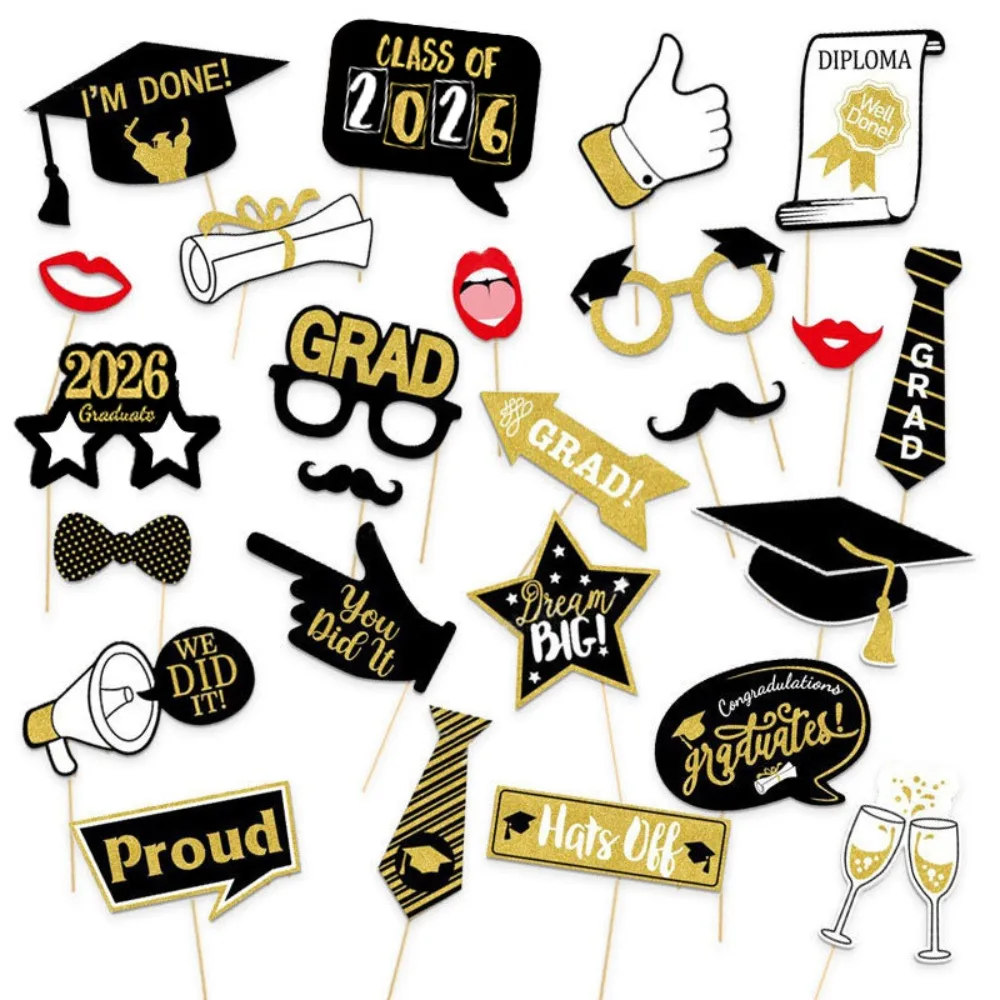 

25pcs Black Golden Graduation Photo Props Congratulation Class of 2026 Graduation Cake Topper Festival Mustache Lips
