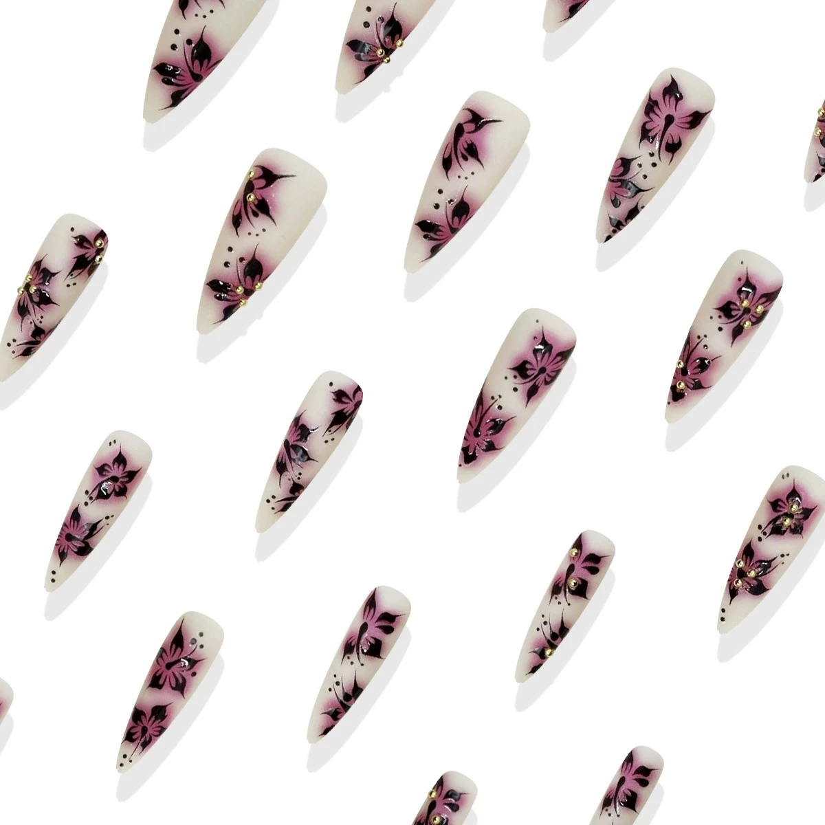 24 stuks donkere bloemen nepnagels druk op acrylnagels draagbaar mode lange stiletto matte kunstnagels 3D gouden kraal decor amandel
