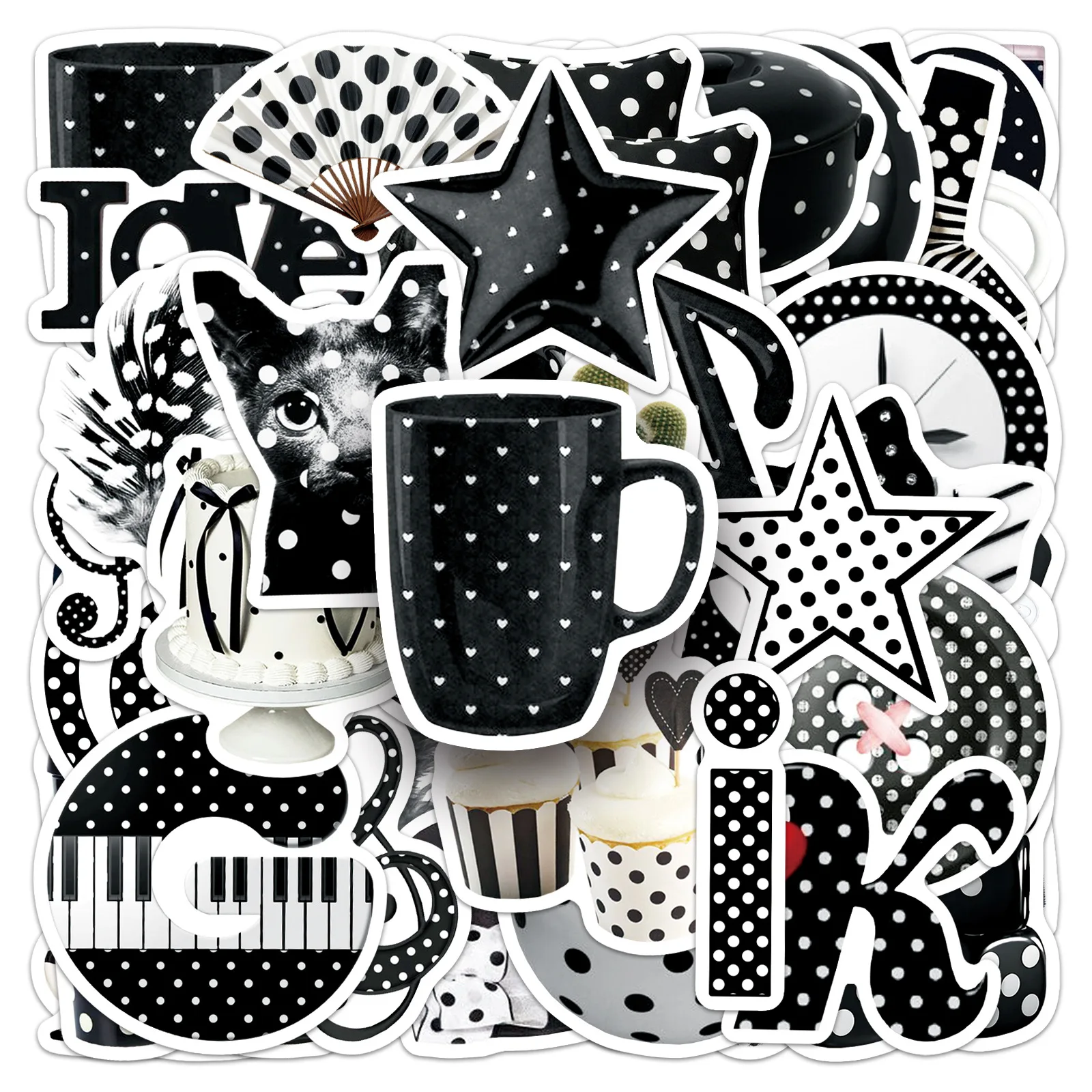 50 Pcs Gothic Polka Dot Stickers Black White Decals Waterproof Vinyl For Laptop Water Bottle Phone Case Wall Decor