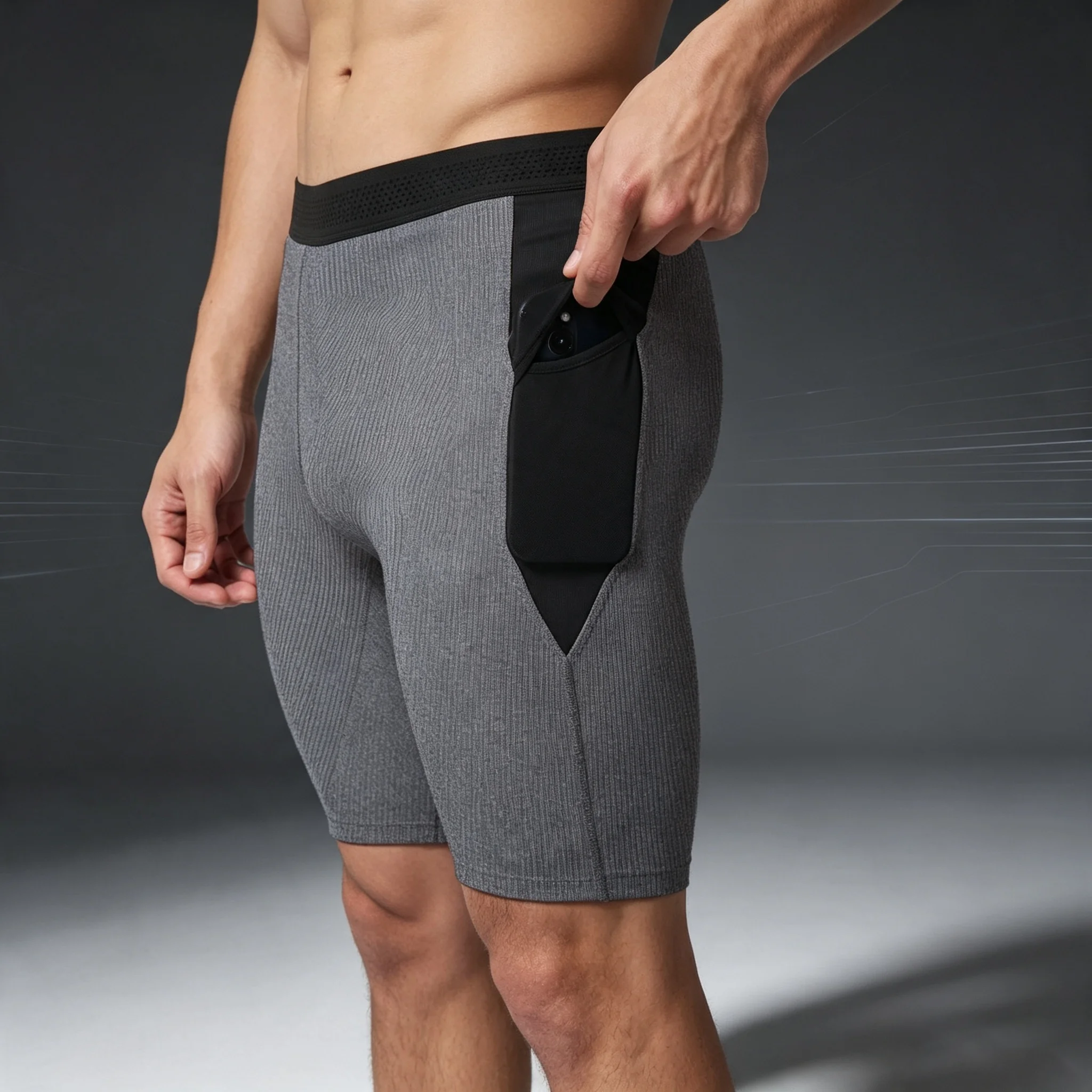 Men's Tight Shorts, Ribbed Fabric with Stretch, Quick-Dry Fitness Tight Shorts, Workout Base Layer Shorts, Elastic Waist Sports