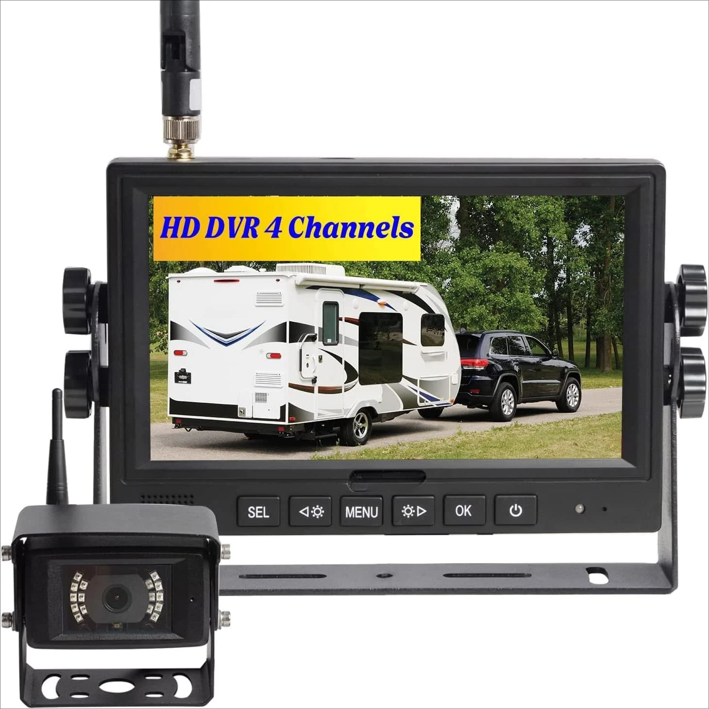 Wireless RV Backup Camera System 7'' Monitor Built in DVR Rear View Camera with Infrared Night Vision and Wide Viewing Angle