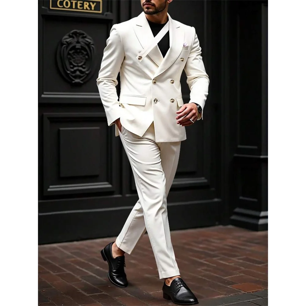 

Elegant Fashion 2 Piecs Men's White Suits Jacket Pants Double Breasted Peak Lapel Gift For Boyfriend