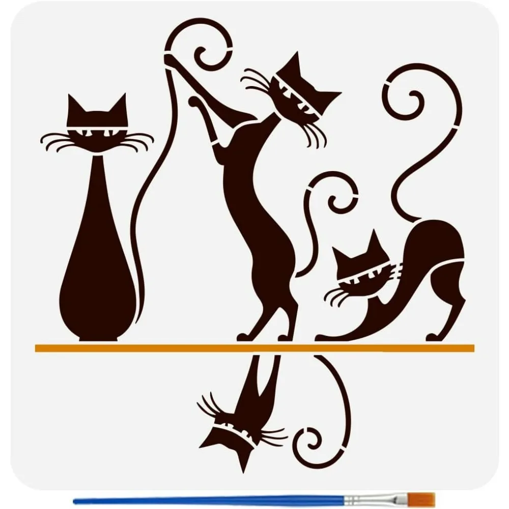 Geometric Cat Pattern Painting Stencil with Brush 11.8x11.8inch DIY Decoration for Painting on Wood Wall Fabric Furniture
