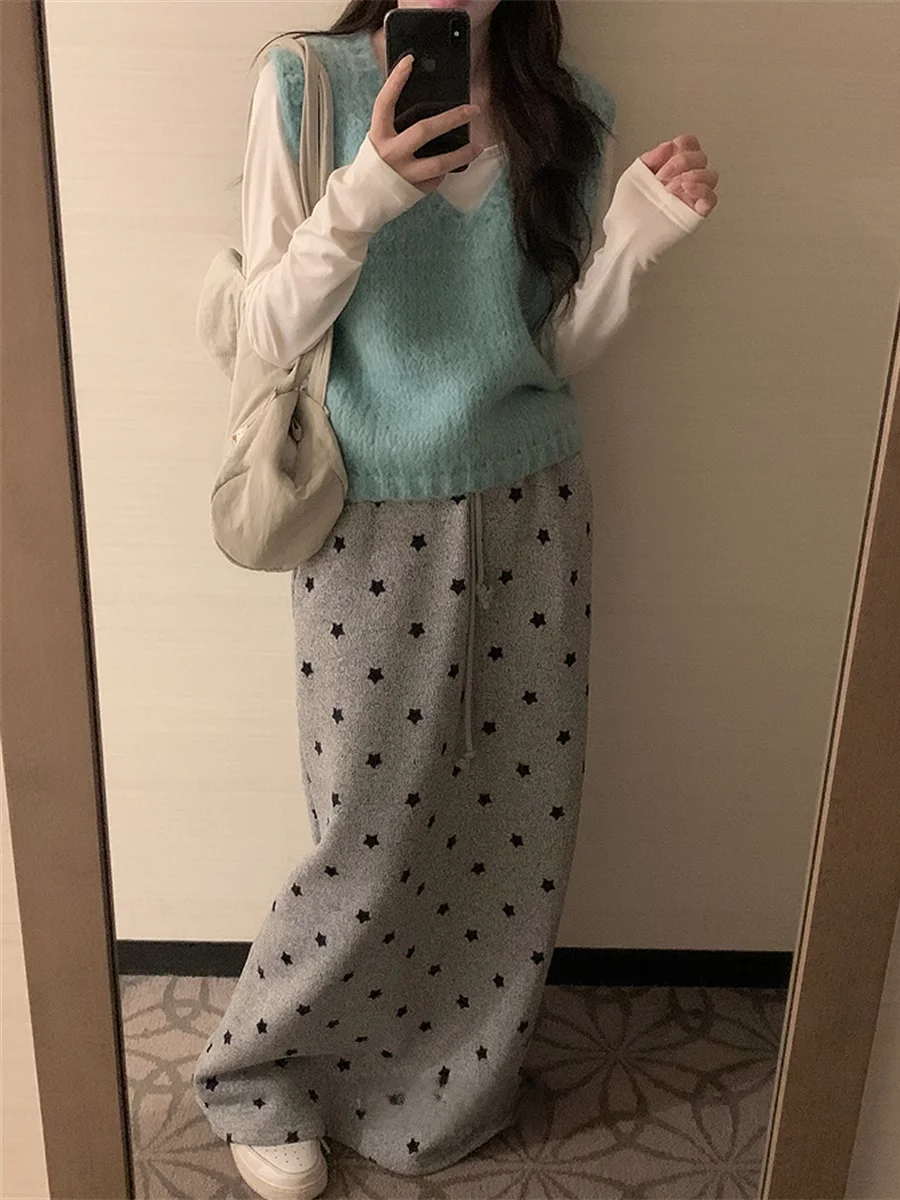 Street Sle – jupe longue coréenne décontractée, taille haute, taille élastique, étoile imprimée, amincissante, ligne a, pour femmes