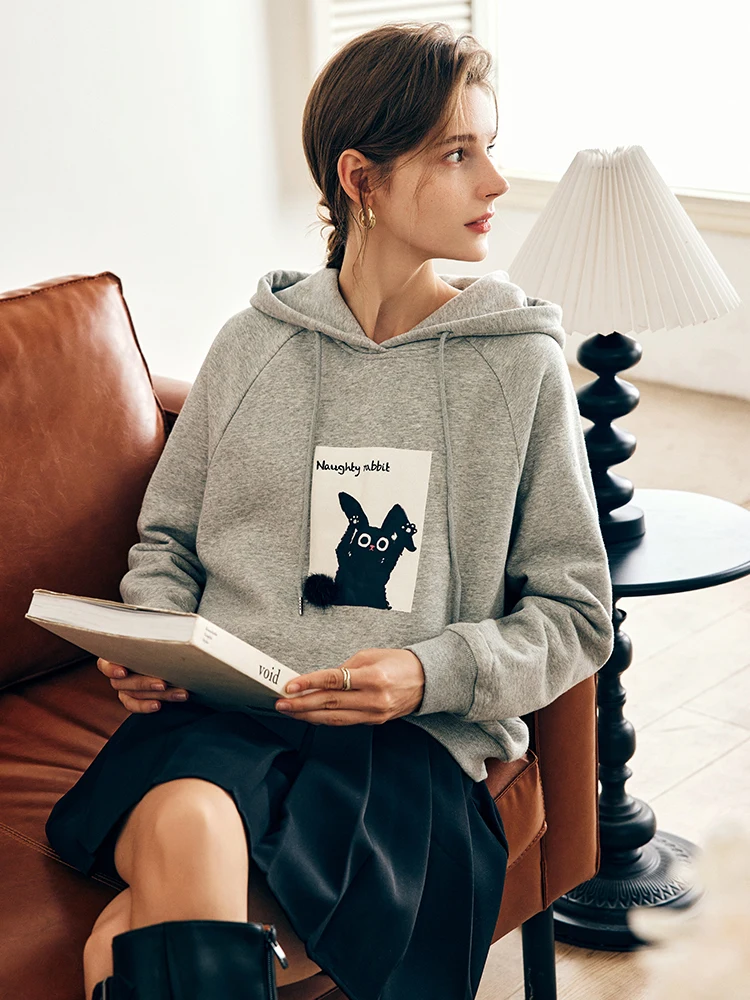 

OLrain Print Knitted Hoodies Woman Rabbit Drawstring Loose Sweatshirts 2025 Autumn Long Sleeve Tops Female Clothing O23CR68612