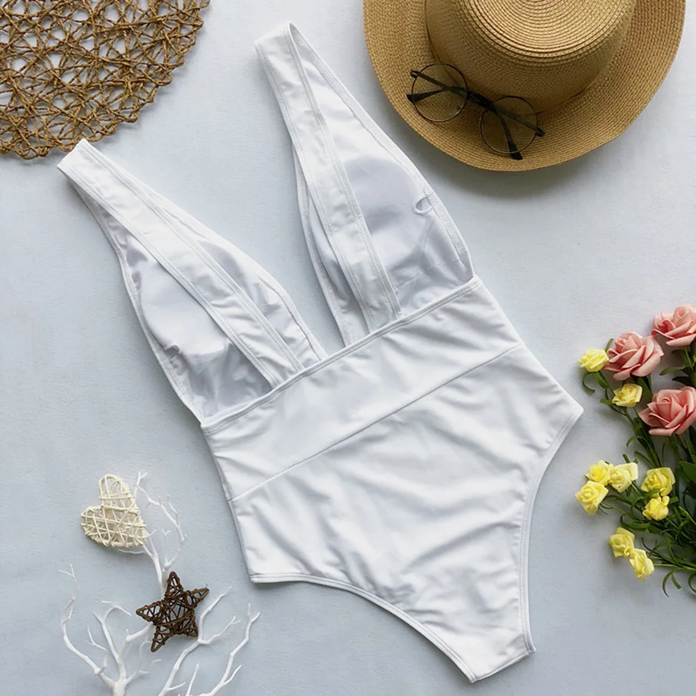 

One Piece Swimsuit Deep Waist Women Bathing Suit Size L White High Cut Low Back Swimwear Tropical Beach Pool Party