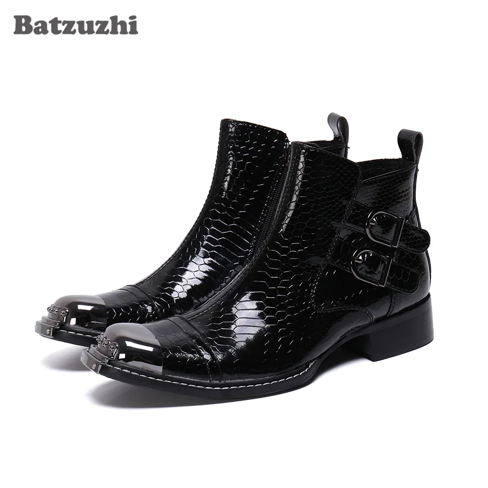 

Batzuzhi Fashion Men Boots Luxury Black Leather Ankle Boots Square Toe Metal Tip Business Leather Boots Bota Masculina, Size 46