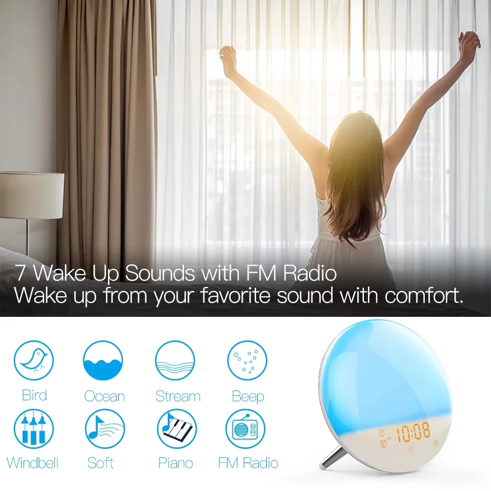 MOES WiFi Wake Up Smart Light Alarm Clock With 7 Colors Sunrise Sunset Simulation Tuya APP Control Works With Alexa Google Home view 3