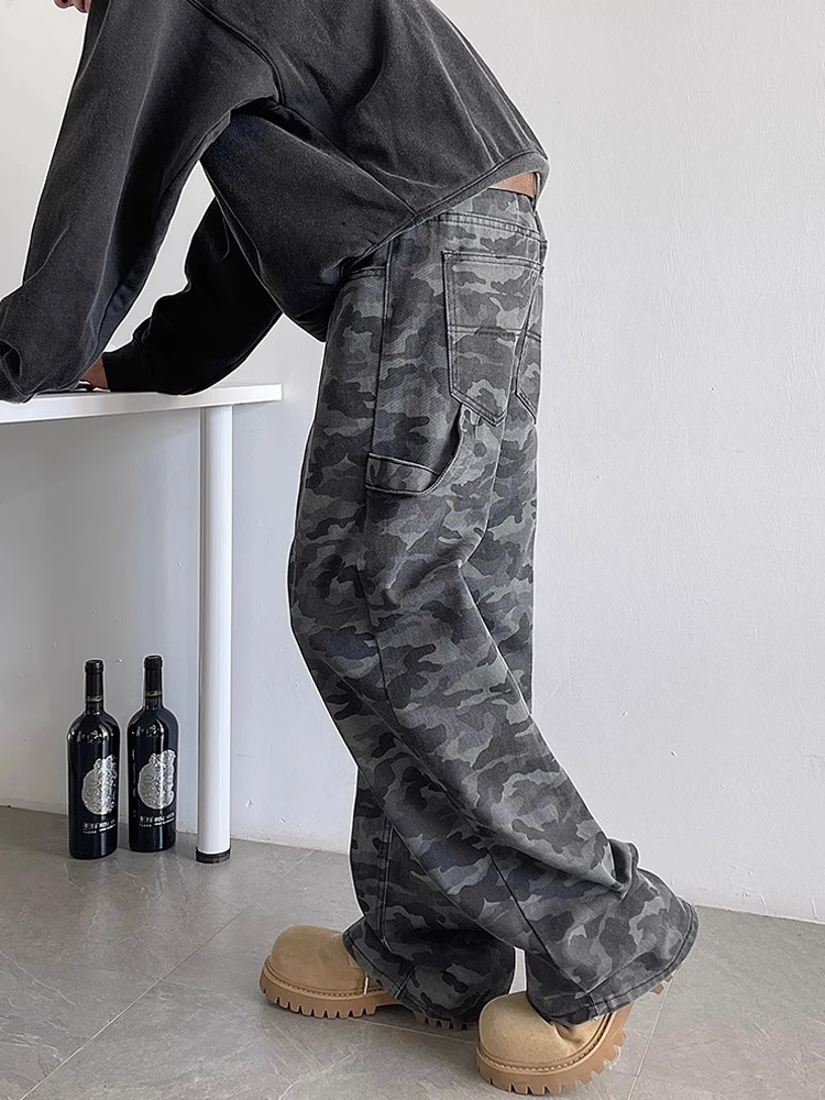 Plones de Trabajo de Camuflaje Retro Estilo Americano para Hombre, Plones Casus de Pierna Recta y Ancha de Corte L...