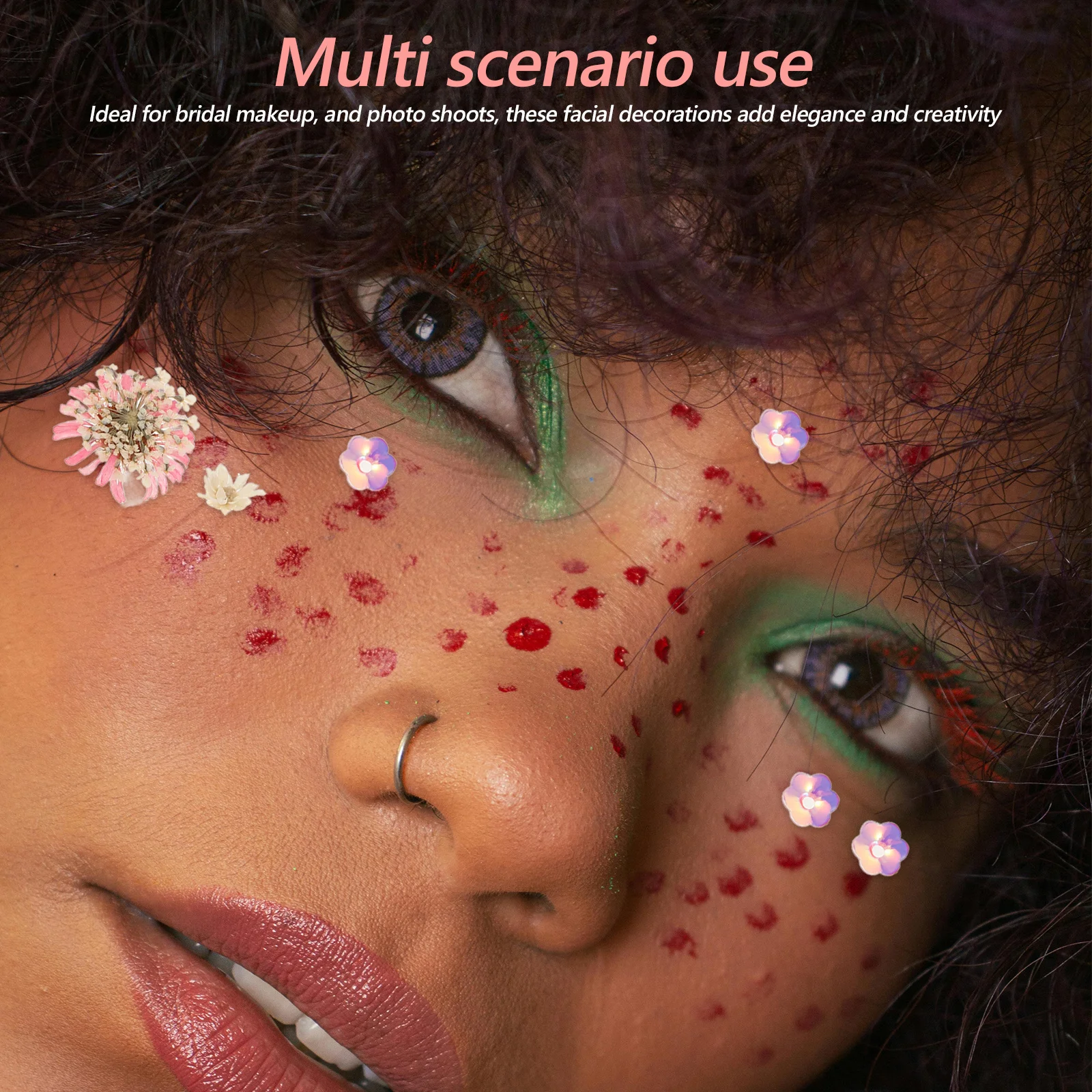 Atemberaubender Gesichtsschmuck mit getrockneten Blumen für Braut-Make-up-Bühnenauftritte und Fotoshootings, Maniküre-Juwel in verschiedenen Stilen