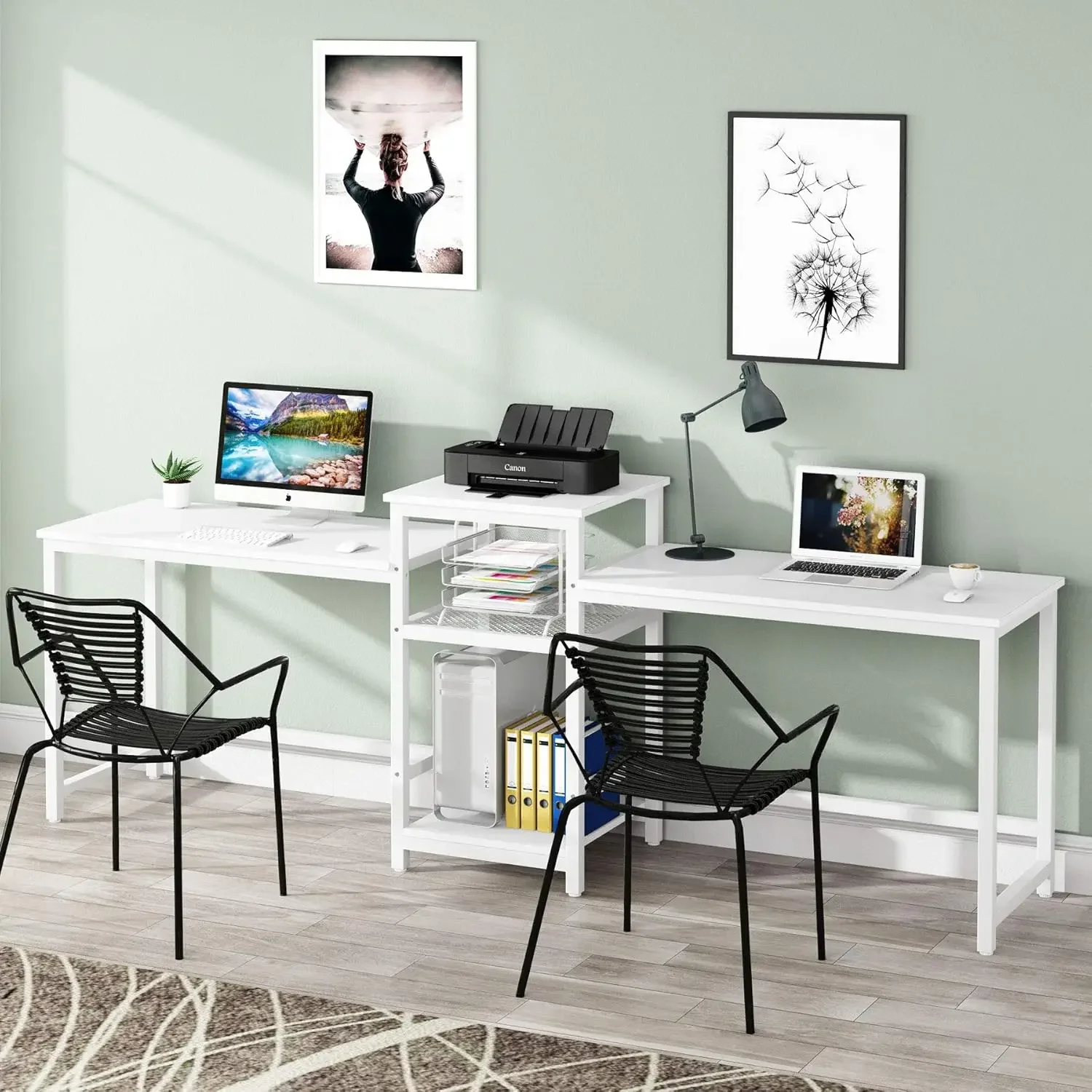 

96.9" Double Computer Desk with Printer Shelf, Extra Long Two Person Desk Workstation with Storage Shelves, Large Office Desk