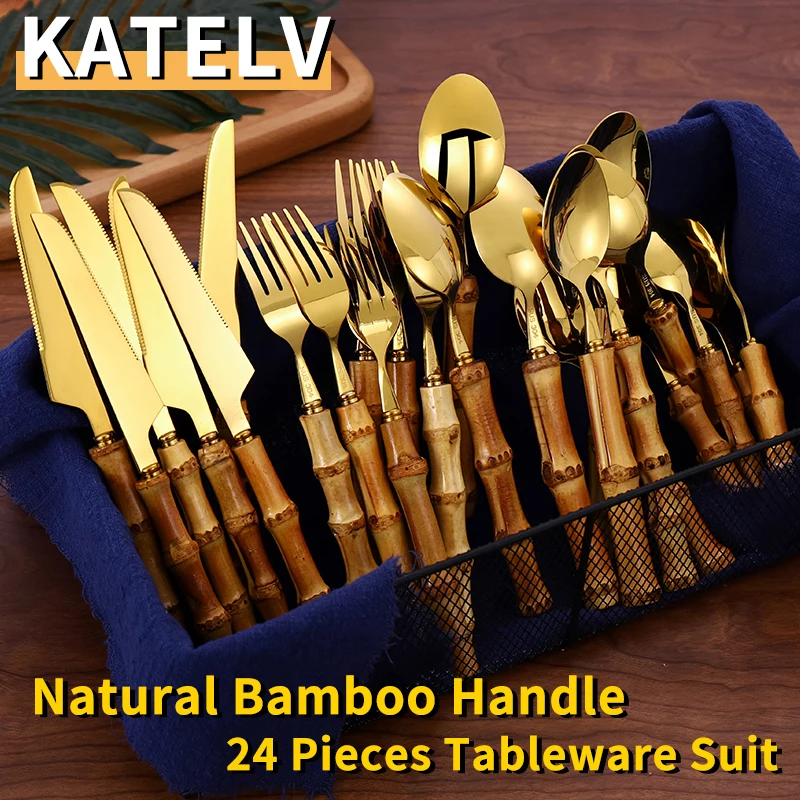 

24Pcs Dinnerware Sets Original Nature Bamboo Handle Cutlery Stainless Steel Knife Fork Spoon Purely Natural Bamboo Tableware Set