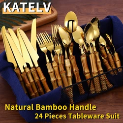 24Pcs Dinnerware Sets Original Nature Bamboo Handle Cutlery Stainless Steel Knife Fork Spoon Purely Natural Bamboo Tableware Set