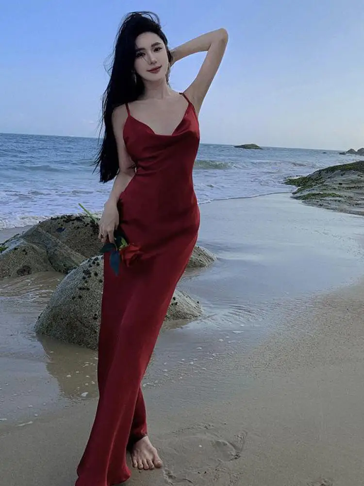 

Summer French Vintage Red Elegant Sleeveless Lace-up Wrap Hip Slip Long Dress Women's Sexy Club Backless Party Dress Simplicity