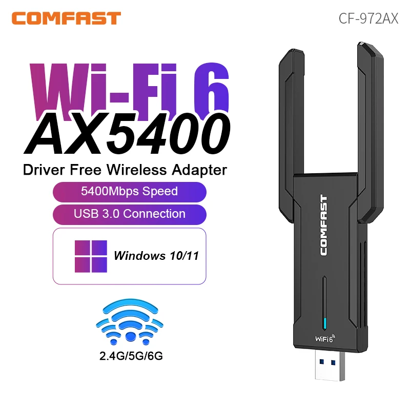 

Comfast AX5400 WiFi 6 Adapter 2.4G 5G 6G Tri-band 5374Mbps Wireless Dongle 802.11ax USB3.0 Gaming Network Card WPA3 MU-MIMO
