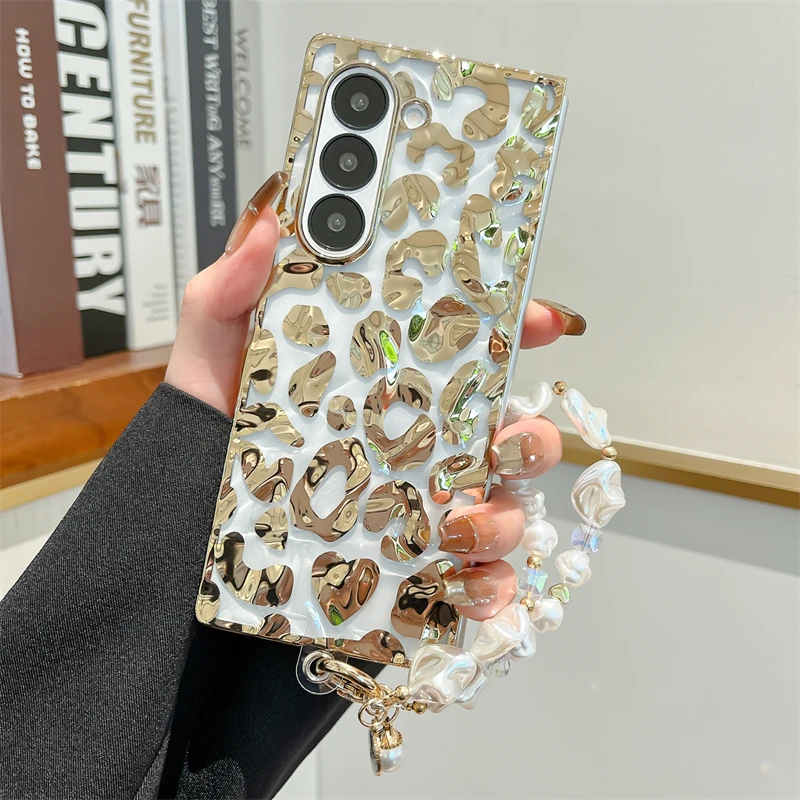 For Samsung Galaxy Z Fold 6 Luxury Classic Leopard Wave Shockproof Pearl Chain Phone Case Cover_voghion.com