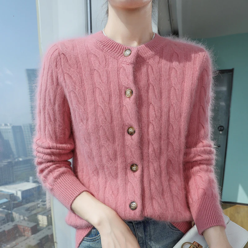 Slim fit exquisite women's knitted cardigan long sleeved sweater short jacket women's O-neck new 100% mink cashmere sweater