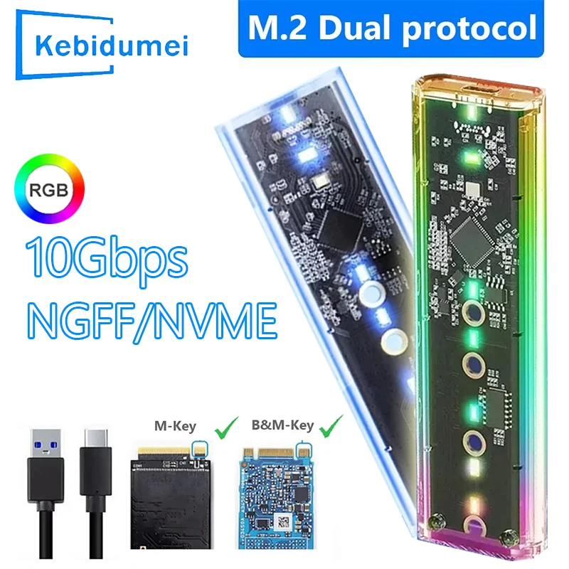 RGB M.2 NVME PCIe /NGFF SATA /Dual Protocol SSD Case Clear USB Type C 10Gbps M2 SSD Transparent External Enclosure Hard Disk Box