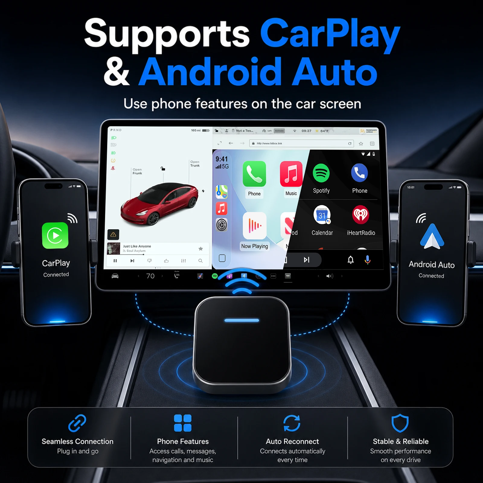2026 3in1 Wireless Carplay Bluetooth Adapter Android Auto Usb Apple Ai Box Carplay Dongle For Tesla Model 3/Y/S/X view 3