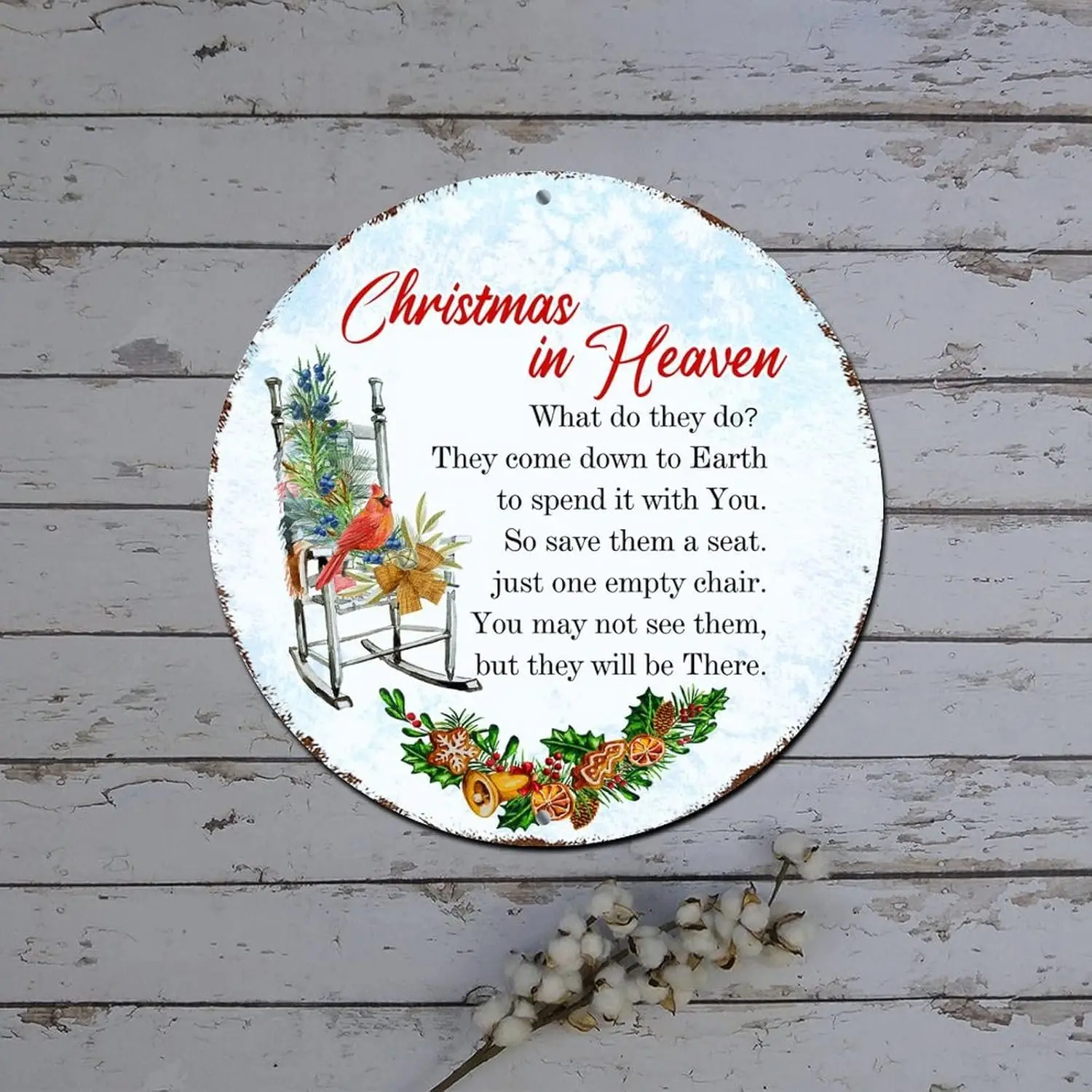 Merry Christmas Sign Christmas in Heaven Cardinalis Quote Round Metal Tin Sign Christmas Door Decor Distressed Stylish Tin Signs