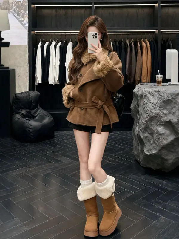 

Корейское теплое шерстяное пальто с поясом на талии, персональная зимняя модная верхняя одежда, длинная застежка на пуговицы све