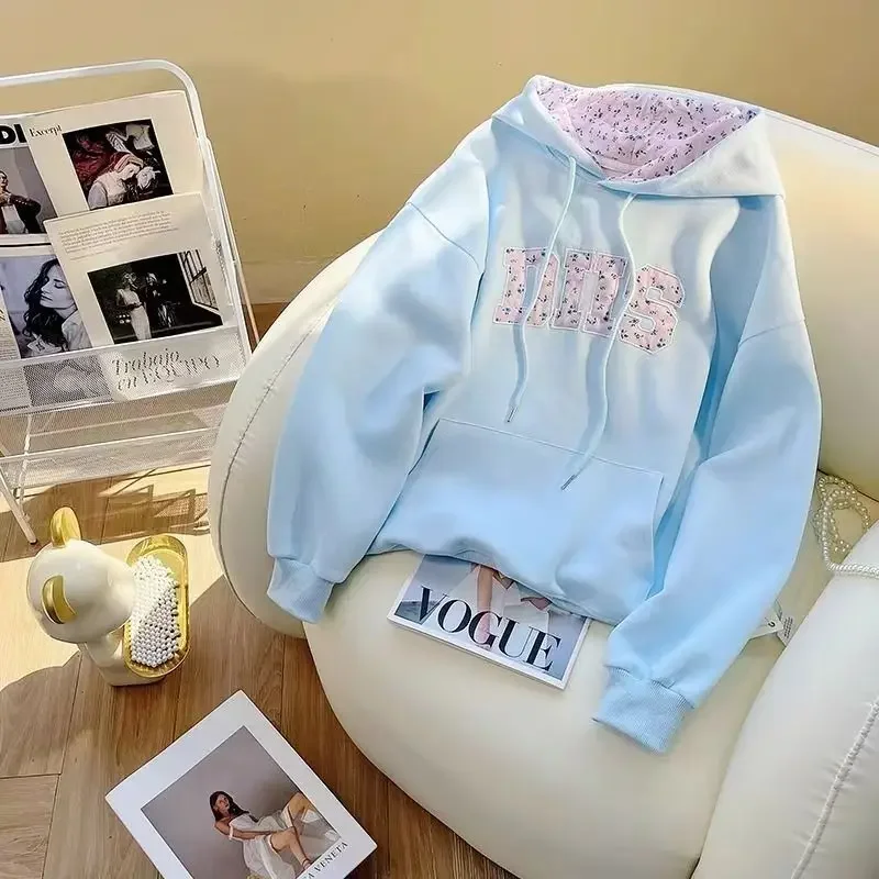 Pink Floral Letter Embroidery Drawstring Hooded Velvet Hoodie Women Sweatshirt Long Sleeve Korean Casual Winter Clothes Women