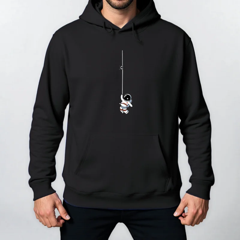 2025 New Autumn Winter Fashion Astronaut Print Hoodie Loose Tops Solid Colour Hooded Polyester Men'S Sweatshirt Simple Casual