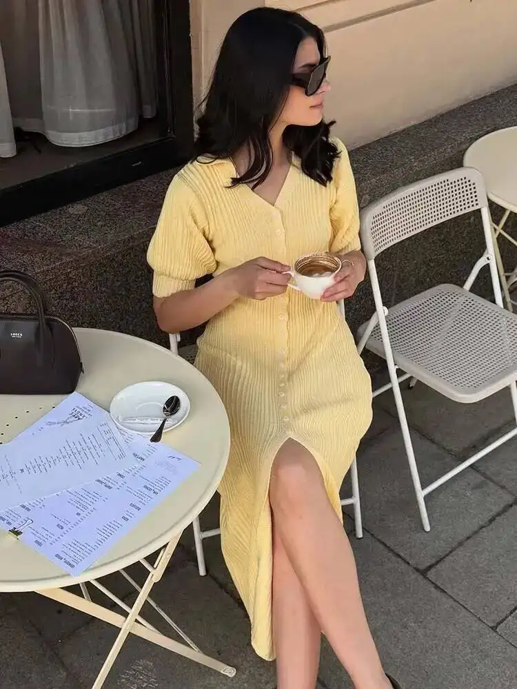 سترة طويلة فستان منسوج المرأة الصيف موضة قصيرة الأكمام المرقعة عالية الخصر فستان ماكسي الشارع فستان Y2K غير رسمي 5UHD