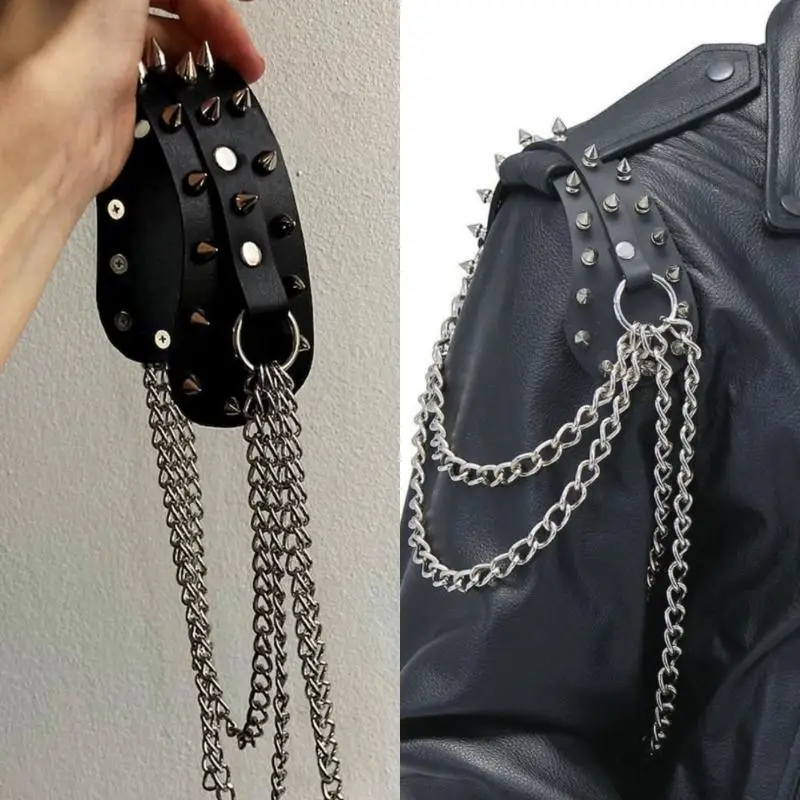 Armadura de hombro de cuero unisex con detalles de remache: accesorio de charretera de metal con borla de cadena para moda punk y gótica